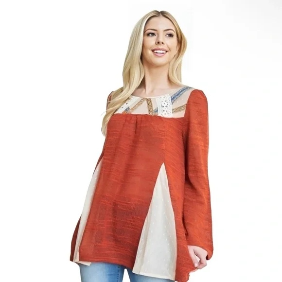 Ryu M/L Boho Sweater Bell Sleeve Cottagecore Hippie Mixed Media Artsy Rust Orang - Picture 8 of 15